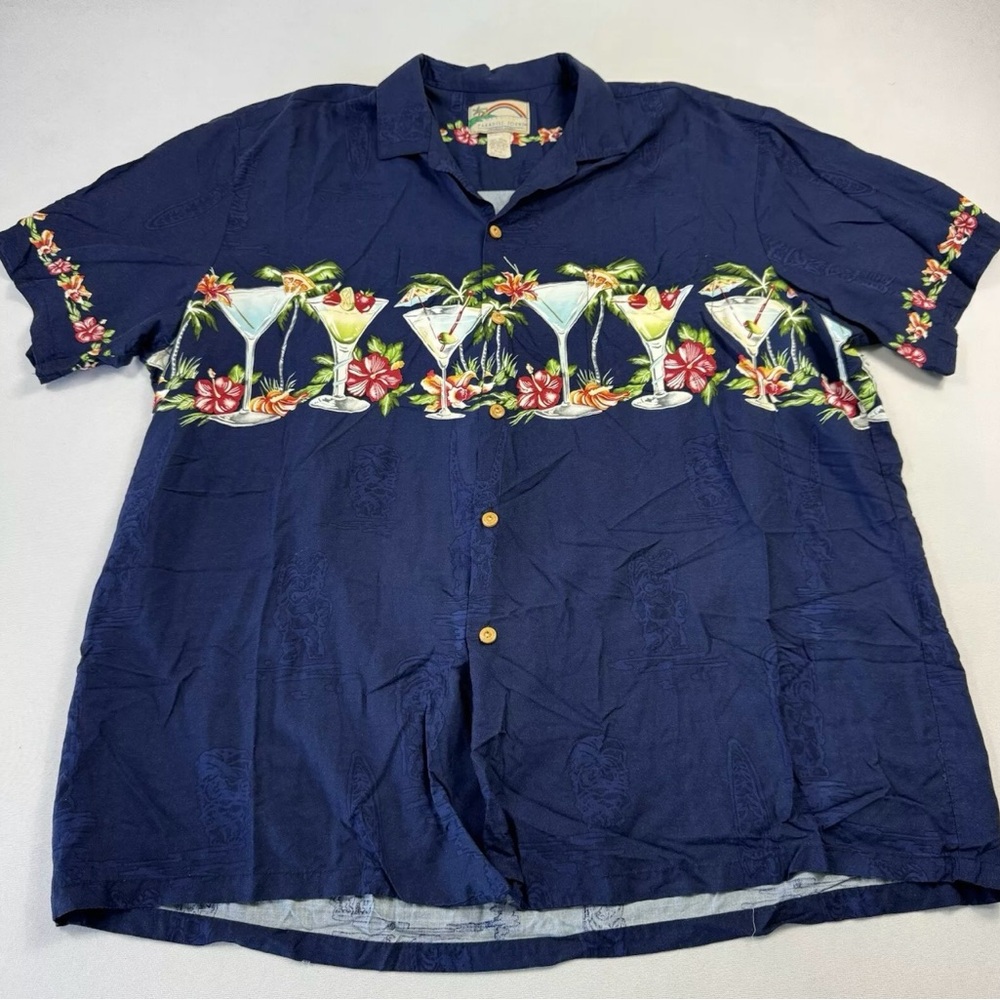 Paradise Found Vintage Men's 2XL Blue‎ Hawaiian Rayon Cocktail Button-Up Shirt